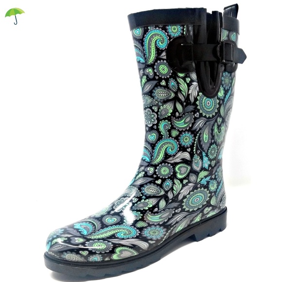 Forever Young Shoes - Women 11" Mid-Calf Rubber Rain Boots, Parsley Print Water Boots Wellies